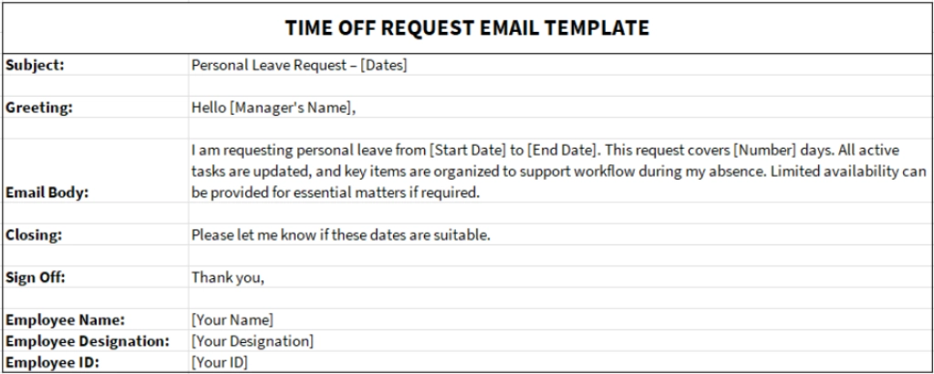 Time off request email template preview