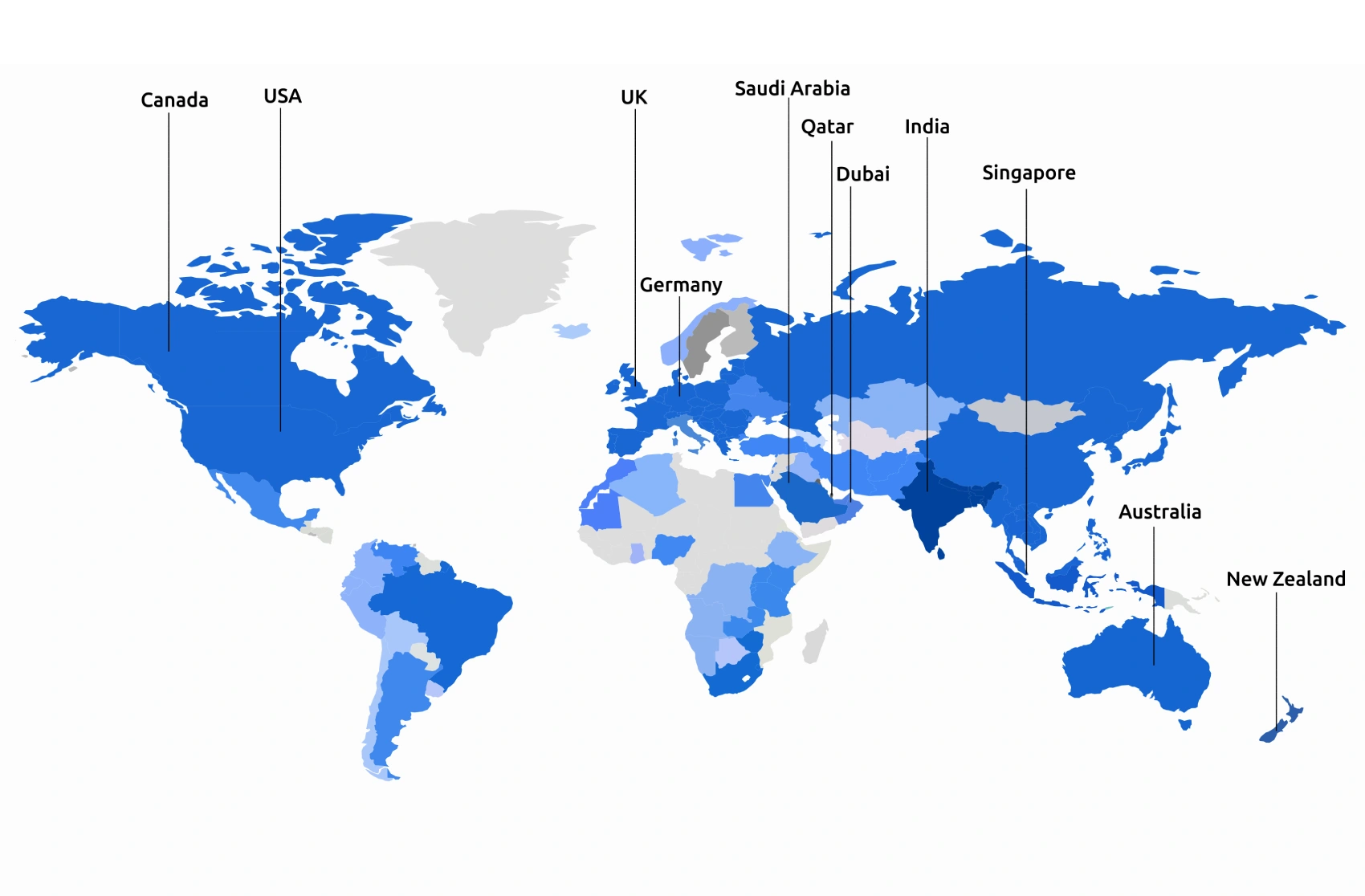 Time Champ global presence across Canada, USA, UK, Germany, Saudi Arabia, Qatar, Dubai, India, Singapore, Australia, and New Zealand