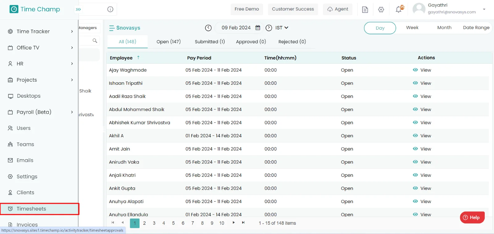 view the Timesheets