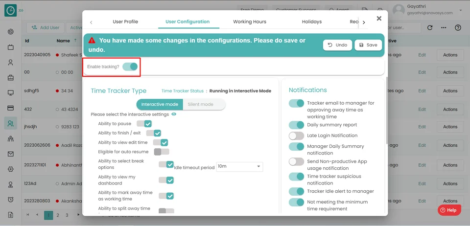 select enable tracking